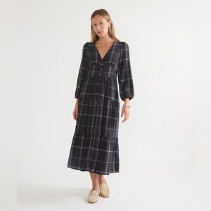NWT $148 Marine Layer Maeve Maxi Dress Black Windowpane Plaid Medium Flowy Boho